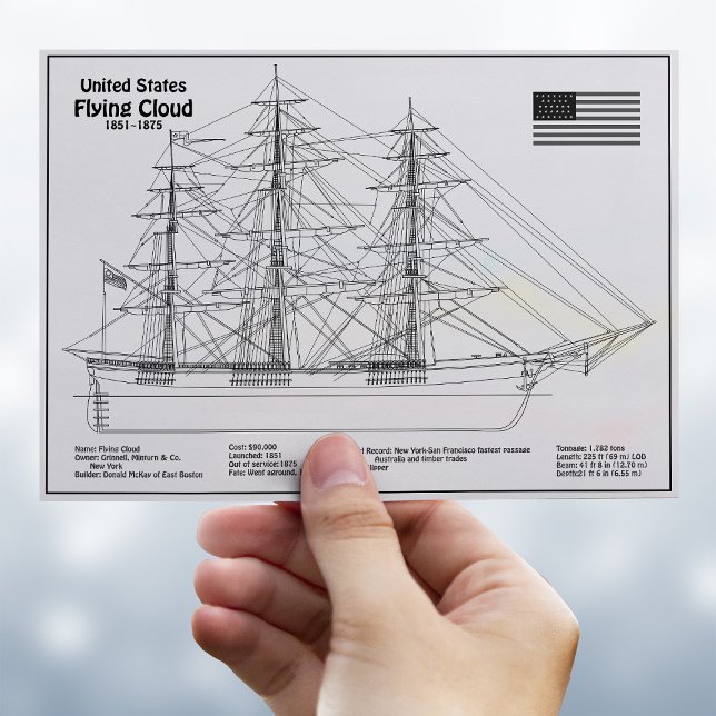 Klipperskeppet Flying Cloud - Skeppsritning BD Vykort (Clipper Ship Flying Cloud - Ship Blueprint BD. Postcard)