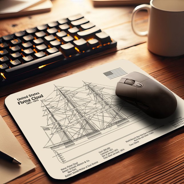 Klipperskeppet Flying Cloud - Skeppsritning SD Musmatta (Clipper Ship Flying Cloud - Ship Blueprint SD. Mouse Pad)