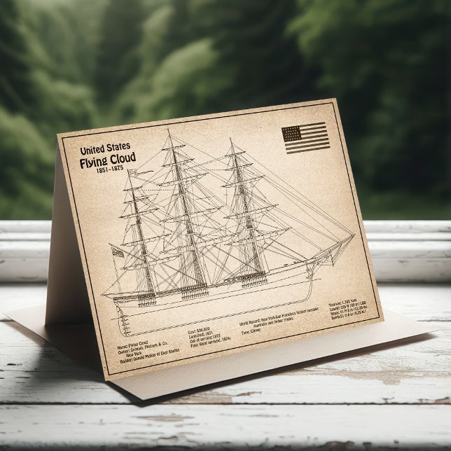 Klipperskeppet Flying Cloud - Skeppsritning SD Tack Kort (Clipper Ship Flying Cloud - Ship Blueprint SD. Thank You Card)