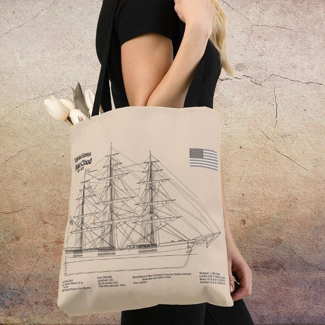 Klipperskeppet Flying Cloud - Skeppsritning SD Tygkasse (Clipper Ship Flying Cloud - Ship Blueprint SD. Tote Bag)