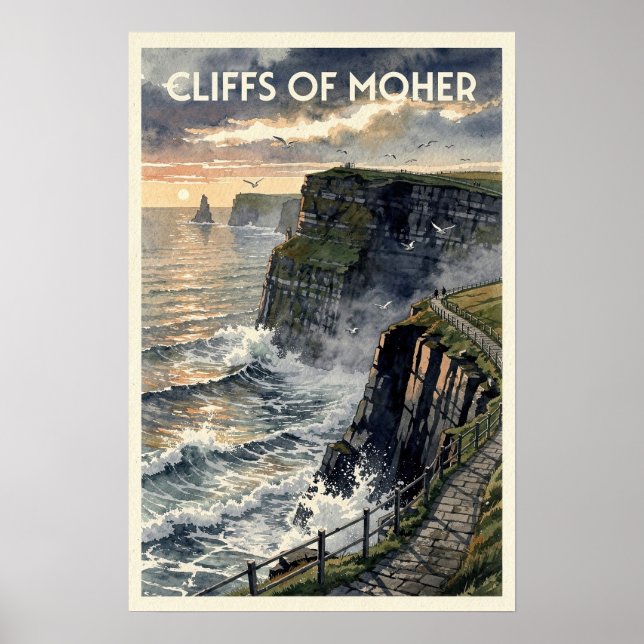 Klipporna Moher Irland Vintage Resa Poster (Framsidan)
