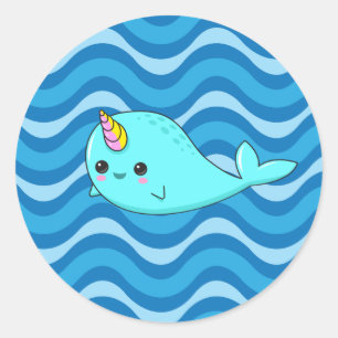Klistermärke för Kawaii Narwhal blåttvågar