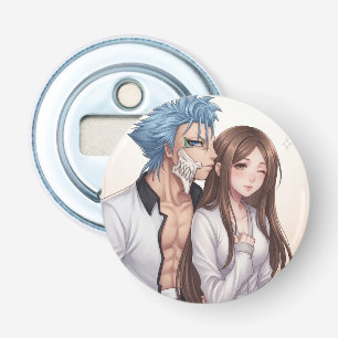 Klistermärke med anime-krigare med blåa hår och fö flasköppnare