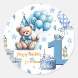 Klistermärken, Glad 1-årsdag Teddybjörn Blå Runt Klistermärke