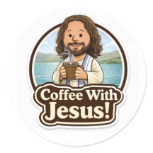 Klistermärken med kaffe och Jesus (1,5 tum)