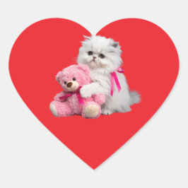 Klistermärkesark med vit perserkat och teddybjörn hjärtformat klistermärke