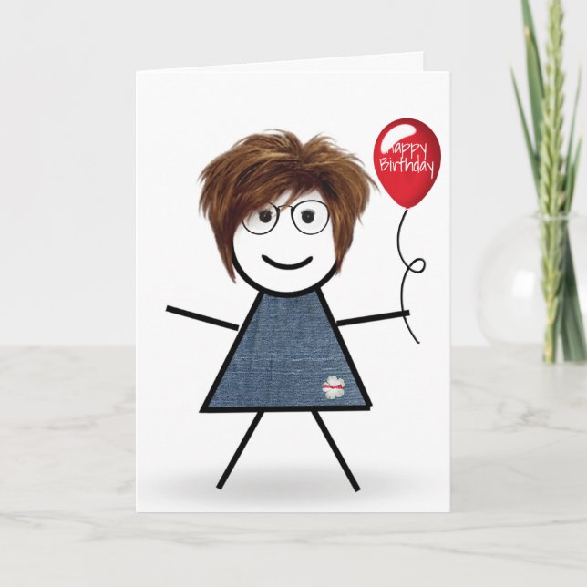 Klistra födelsedagsflicka med röd ballong kort (Framsida)