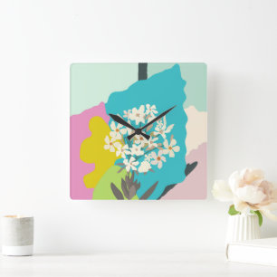 Klistra in Abstrakt Artistic Blommigt Färg block Fyrkantig Klocka