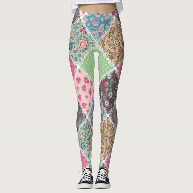 Klistra in Blommigt KVilta fyrkanter Leggings (Framsida)
