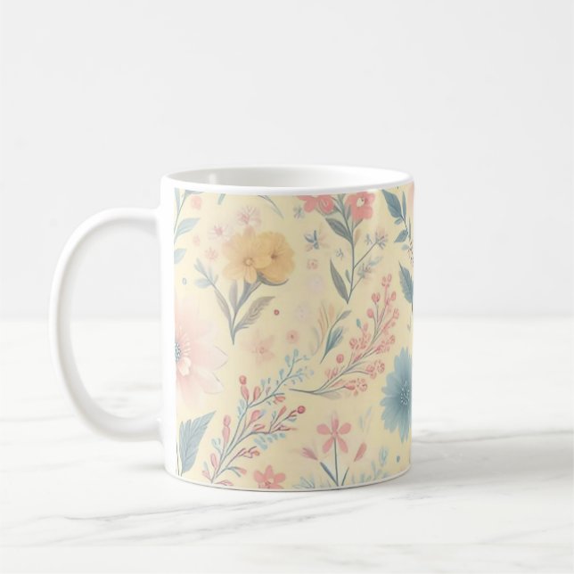 Klistra in Blommigtens Rosa och blått på ljus Gult Kaffemugg (Vänster)