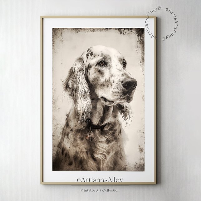 Klistra in utskrift porträtt i ett engelskt brev poster (Etching print portrait of an English Setter | Digital print Wall Decor | Digital Download )