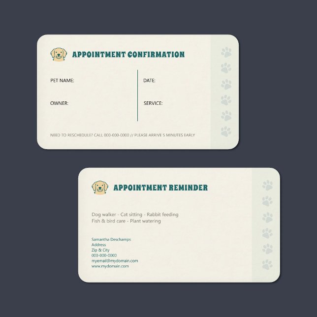Klo - Påminnelsekort för husdjursmöte Visitkort (Paw - Pet Appointment Reminder Card)