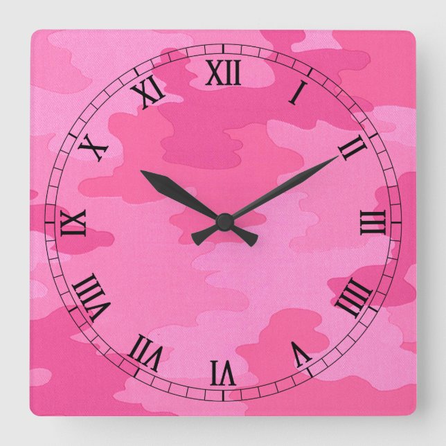 Klock för Bright Rosa Camouflage Square Roman Nume Fyrkantig Klocka (Framsida)