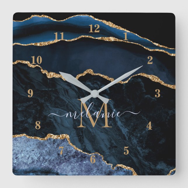 Klock för marble Anpassningsbar Brev Namn Fyrkantig Klocka (Framsida)
