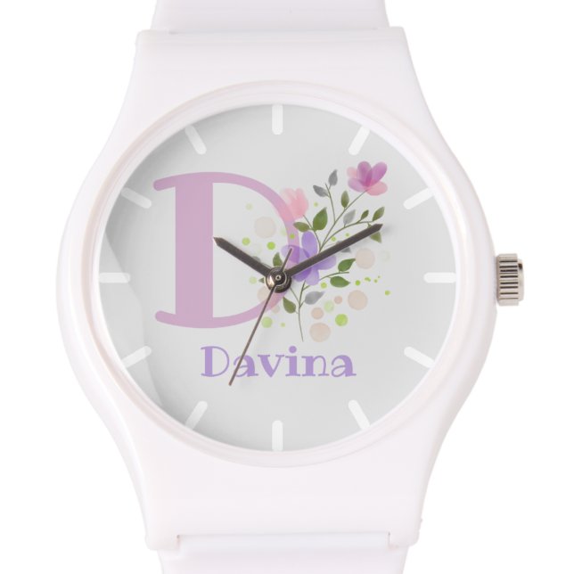 Klocka i blomsterdesign med namn Davina & initial (Close up)