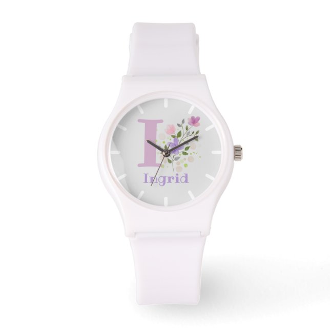 Klocka i blomsterdesign med namn Ingrid & initial (Framsida)