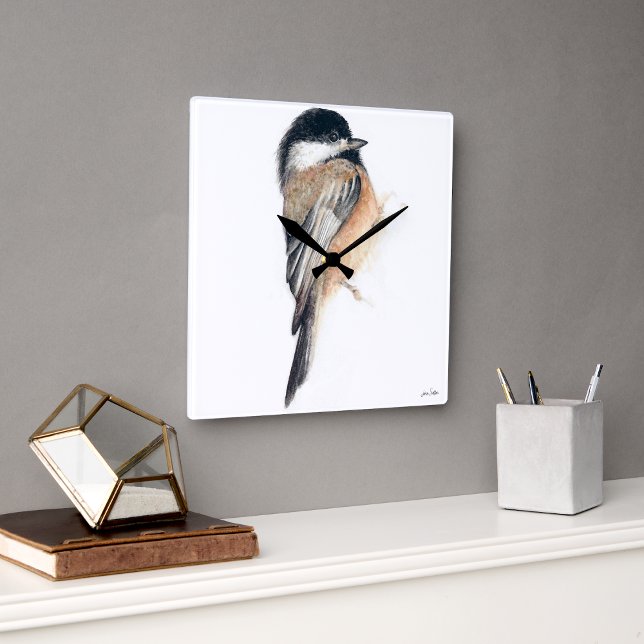 Klockadee Watercolor Square Wall Clock Fyrkantig Klocka (Chickadee Watercolor Square Wall Clock from Jenn's Emporium. )