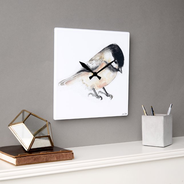 Klockadee Watercolor Square Wall Clock Fyrkantig Klocka (Chickadee Watercolor Square Wall Clock from Jenn's Emporium. )