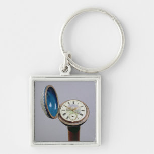 Klockagrejkäpp (cloisonneemalj) fyrkantig silverfärgad nyckelring