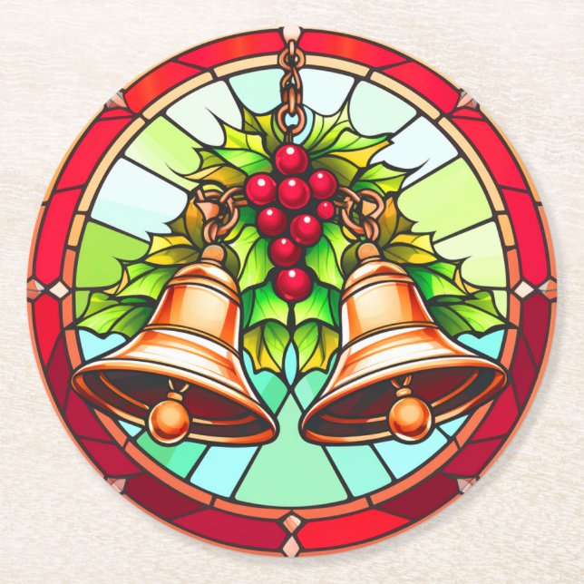 Klockor med Holly, fastsatt glasjul Underlägg Papper Rund (Framsidan)