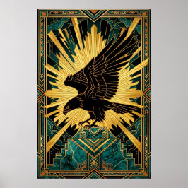 Klockt Art Deco Örn Flyg Guld & Svart Poster