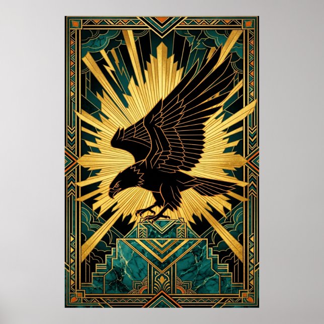 Klockt Art Deco Örn Flyg Guld & Svart Poster (Framsidan)