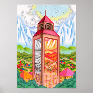Klocktorn som förkroppsligar fyra årstider. poster