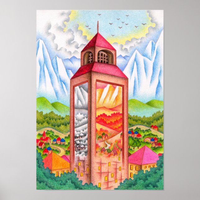 Klocktorn som förkroppsligar  fyra årstider. poster (Framsidan)