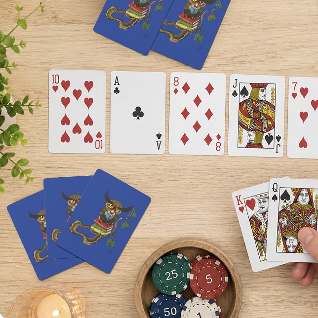 Klok Blå Söt Brun Läsande Uggla Böcker Casinokort (Skapare uppladdad)