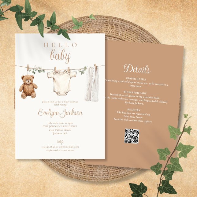 Klotsning Neutral babyvisning allt i ett Inbjudningar (Clothesline Gender Neutral Baby Shower All In One Invitation)