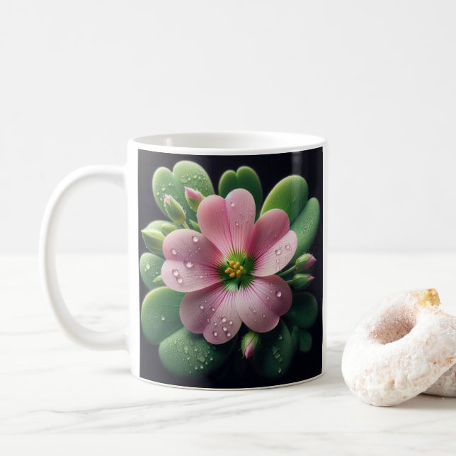 Klöver Blommigt Rosa och Grönt Oxalis Kaffemugg (Med munk)