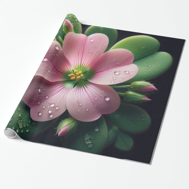 Klöver Blommigt Rosa och Grönt Oxalis Presentpapper (Utrullad)