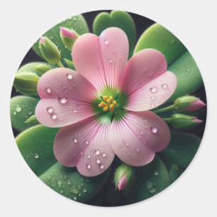 Klöver Blommigt Rosa och Grönt Oxalis Runt Klistermärke