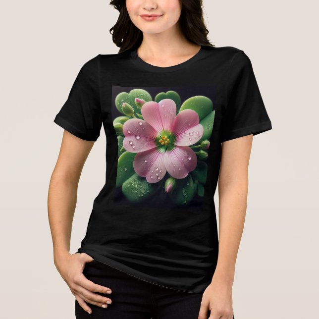 Klöver Blommigt Rosa och Grönt Oxalis T Shirt (Framsida)