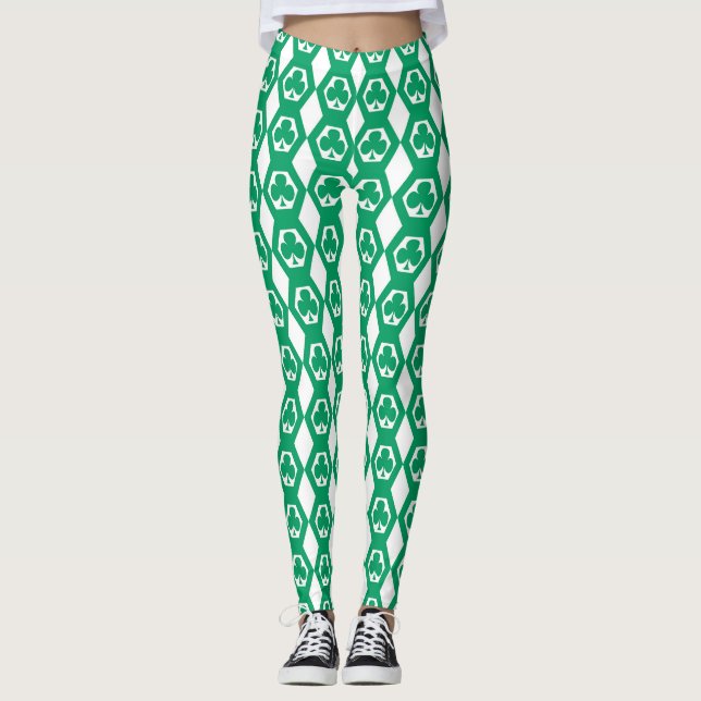 Klöver Grön Vit Hexagon Mönster Leggings (Framsida)