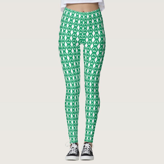 Klöver Grön Vit Hexagon Mönster Leggings (Framsida)