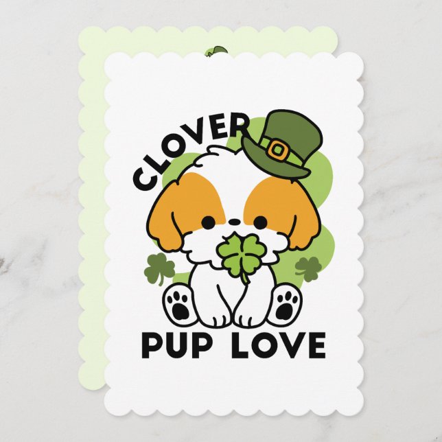 Klöver Valp Kärlek - St. Patrick's Day Hund design Julkort (Fram/baksida)