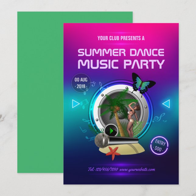 Klubb Summer Dance Music Party Ad Inbjudningar (Fram/baksida)