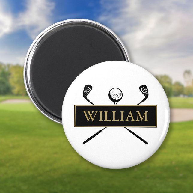 Klubbarna Namn Golf Boll Magnet (Black And Gold Personalized Name Golf Ball Clubs Magnet)