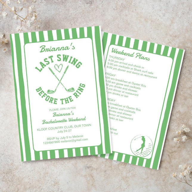Klubben Bachelorette helg i land under den sista g Inbjudningar (Last swing before the ring golf country club Bachelorette weekend party Invitation template green)