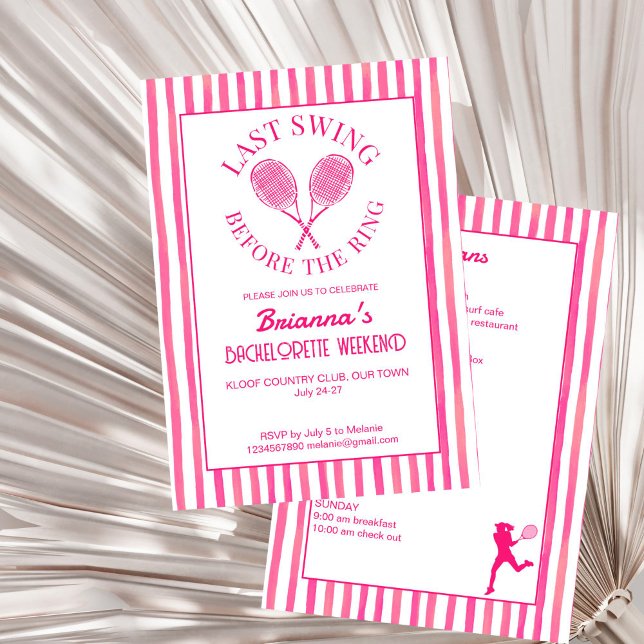 Klubben Bachelorette i land Inbjudningar (Last swing pink tennis country club Bachelorette weekend itinerary Invitation editable template)