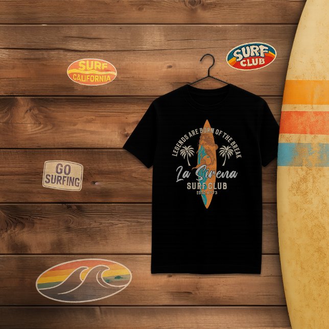 Klubben La Sirena Surfa - Surfan Retro Sjöjungfru  T Shirt (La Sirena Black T-shirt)