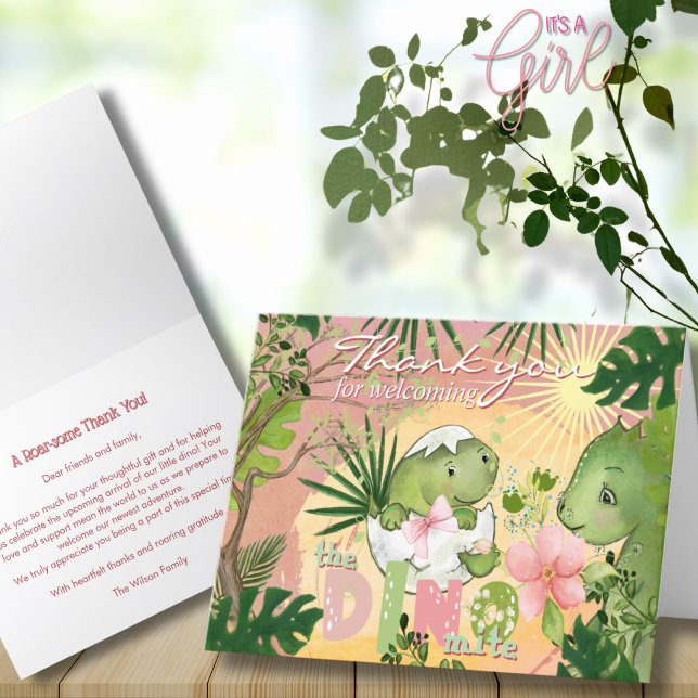 Klücka Dino med Rosa Rosett Tackkort (Hatching Dino with Pink Bow Thank You Card)