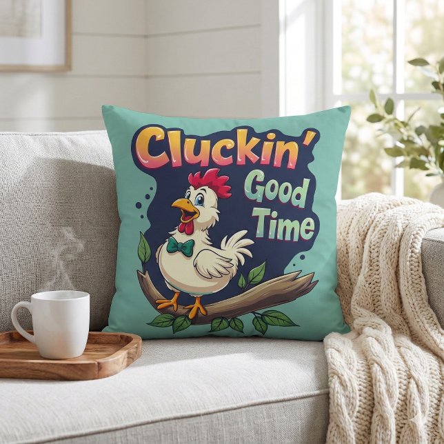 Kluckar som bäst - Rolig teckning av kyckling Kudde (Cluckin' Good Time Funny Chicken Illustration Throw Pillow Mockup A)