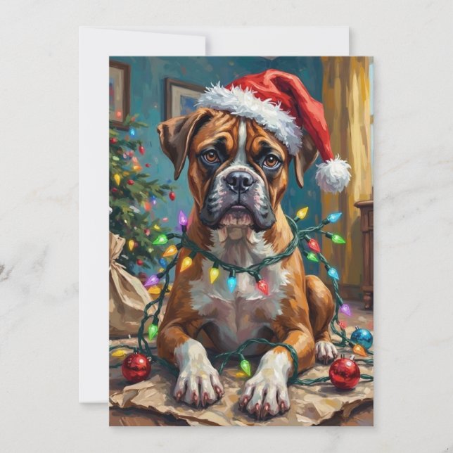 Klumpig Boxer Hund Intrasslad i Julbelysning Julkort (Framsida)