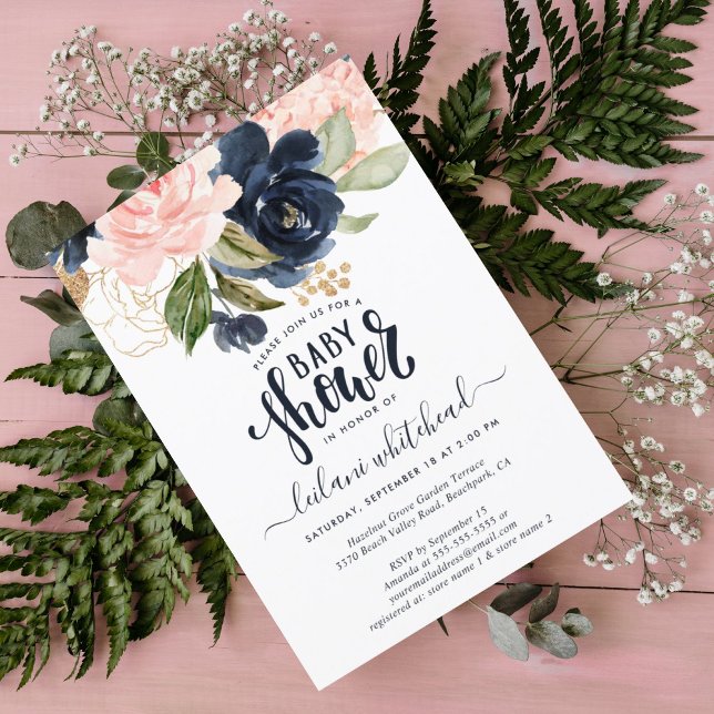 Kluster för Rosa Navy-Blommigt för babyskor Inbjudningar (Skapare uppladdad)