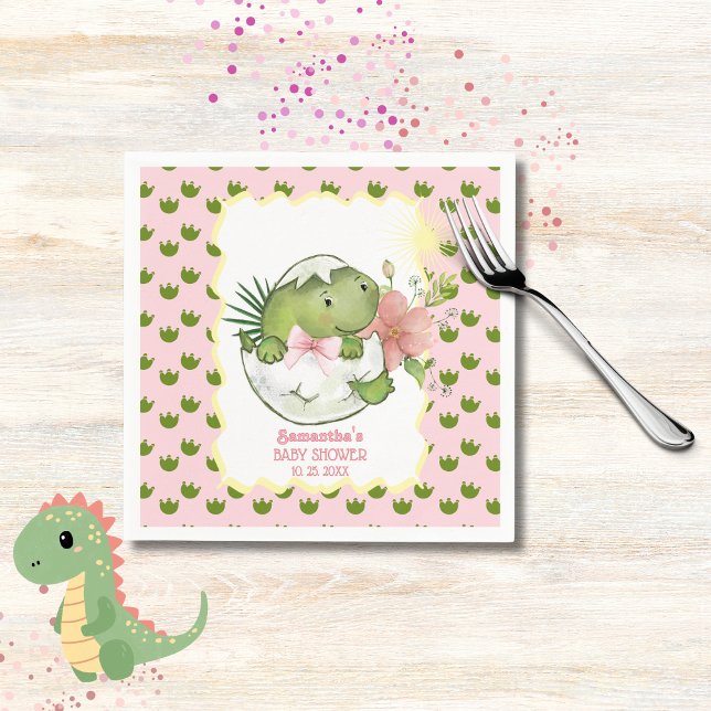 Kluven Dino med båge & blomma Festsservetter Pappersservett (Hatching Dino with Bow & Flower Party Napkins)