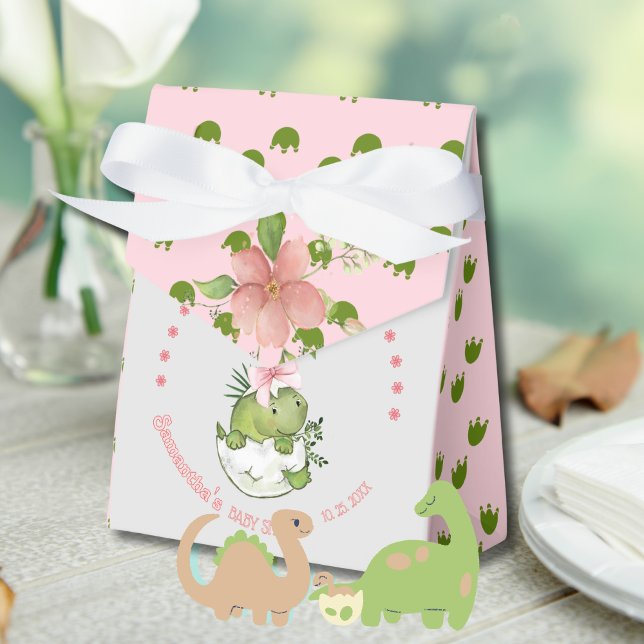 Kluven Dino med Rosa Slöja Baby Shower  Presentaskar (Hatching Dino with Pink Bow Baby Shower Favor Boxes)