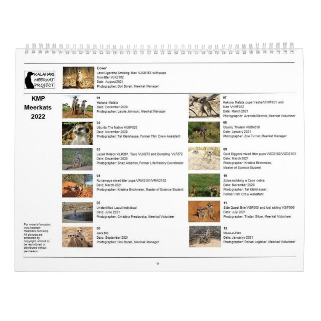 KMP Meerkats 2022-kalender Kalender (Baksida)