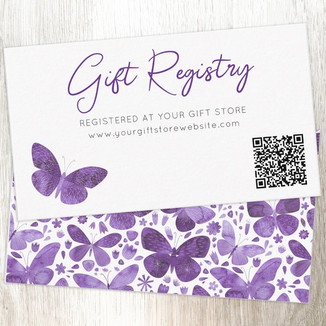 KN-nummer för Butterfly Gift-registret Tilläggskort (Modern watercolor butterfly purple baby shower gift registry enclosure card with custom text QR code)